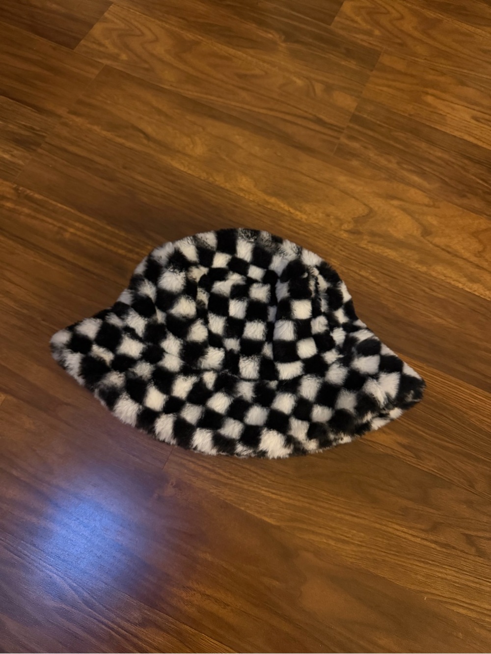 Princess Polly Black and White Checkerboard Plush Fur Bucket Hat
